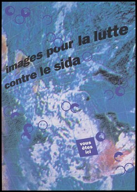 The sea from above with land partially hidden by clouds with blue circles and half circles; representing an advertisement for an exhibition of AIDS posters by ARTIS. Colour lithograph by Intégral Ruedi Baur et associés.