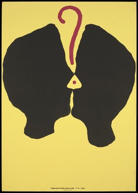 Two black silhouette heads touch but are divided by a red question mark; from afar, the image resembles a black suit on a red hanger; representing uncertainty about AIDS. Colour silk screen print after J.-C. Blais, 1993.