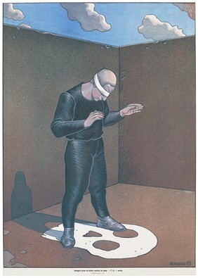 A blind-folded man dressed in black stands in the corner of a room open to the sky; he looks down at a white skull, representing ignorance of the lethal effects of AIDS. Colour silk screen print after Moebius, 1993.