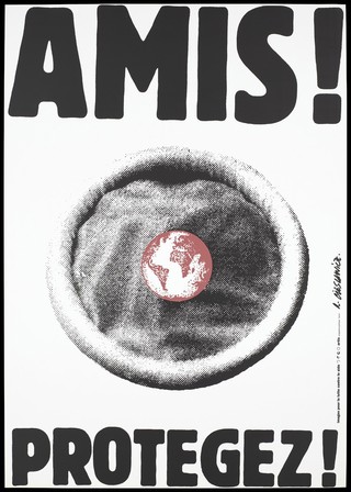 A condom with a red centre and the message "Friends! Protect!"; representing protection from AIDS. Colour silk screen print after Roman Cieslewicz, 1993.