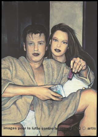 A man sits back wearing an open dressing gown and white shorts with a woman behind; he holds a packet of condoms bearing the lettering: 'Birds'n bees ...'; an advertisement for an exhibition of AIDS posters. Colour silk screen print after R. Scholte, 1993.