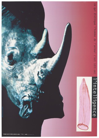 A rhinoceros with a phallic-like horn and an elongated condom with the message in French: "What distinguishes humans from animals is (it is said) intelligence"; a statement about AIDS. Colour silk screen print after A. Le Quernec, 1993.