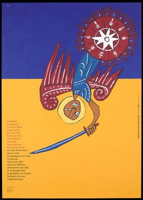 The revelation of St John: an angel descending from the sun brandishing a sword for punishment of the sinful; an allegory of AIDS. Colour silk screen print after Peret, 1993.