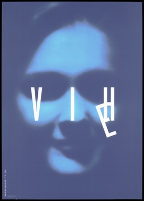 The word 'vie' (life) changed to 'vih' (HIV) over a smiling skull-like face representing the loss of life due to AIDS. Colour silk screen print after W. Jeker, 1993.