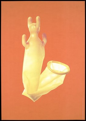 A blown-up condom appearing to have a head, ears and arms representing an advertisement for an exhibition of AIDS posters by Artis. Colour silk screen print after T. Kalman,1993.