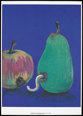 A caterpillar bores a hole into the side of pear having just eaten a hole in an apple, an analogy to the voracious appetite and speed of growth of the HIV virus. Colour silk screen print after A. François, 1993.