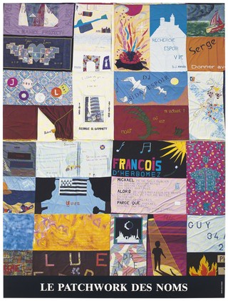 Sections of the AIDS memorial quilt. Colour lithograph by Jean Forest.