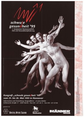 Five naked men stand behind each other with their arms splayed and knees bent representing an advertisement for Gay health '95 3rd Symposium on homosexuality. Colour lithograph by Wolfgang Bauer and ComDesign Werbegeagentur.