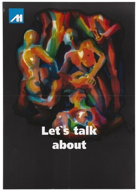 Naked painted figures engaged in group sex; representing an advertisement for talking about AIDS. Colour lithograph by Grafix for Deutsche AIDS-Hilfe.