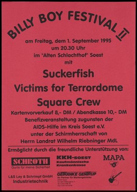 Details of the Billy Boy Festival II on Friday 1 September 1995 at the "Alten Schlachthof" ("Old Slaughterhouse") in Berlin. Lithograph.