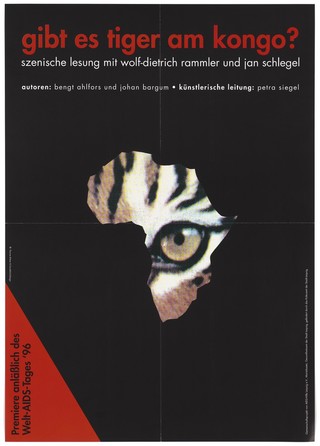 The eye of a tiger in the shape of the map of Africa; advertising a reading of the play "Are there tigers in the Congo?" to commemorate World AIDS Day 1996. Colour lithograph by Petra Siegel for AIDS-Hilfe Leipzig, 1996.