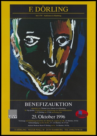 The white outlined painted face of a man representing an advertisement for a modern art benefit auction on 25 October 1996 by auctioneers, F. Dörling; event organised by Thomas Levy at the Galerie Levy Hamburg, patrons of AIDS relief projects in Hamburg. Colour lithograph, 1996.