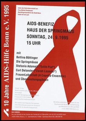 The AIDS red ribbon with details of an AIDS benefit performance at the Springmaus theatre in Bonn on Sunday 24 September 1995 by the AIDS-Hilfe Bonn. Colour lithograph, 1995.