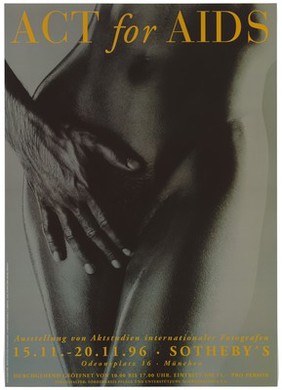 A man's hand on the groin area of a naked woman's body; advertising an exhibition and auction of photographs in support of AIDS. Colour lithograph after Monika Robl, 1996.