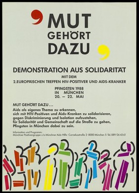 Multicoloured figures representing people courageously demonstrating solidarity with people with HIV and AIDS during Whitsun (Pentecost) 1988. Colour lithograph.