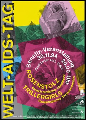 Roses blocked out in different colours representing an advertisement for a benefit event in aid of World AIDS Day on 30 November 1994 at the Frankfurter Hof, Mainz. Colour lithograph by Potter.