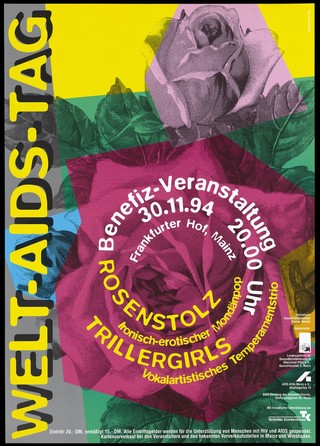 Roses blocked out in different colours representing an advertisement for a benefit event in aid of World AIDS Day on 30 November 1994 at the Frankfurter Hof, Mainz. Colour lithograph by Potter.