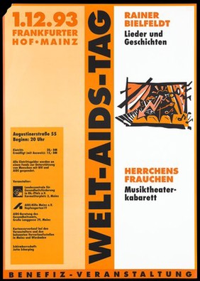 A curtained stage from which a keyboard, an arrow, musical notes, a mouth, an eye and various other symbols emanate; an advertisement for a benefit cabaret performance in support of World AIDS Day on 1 December 1993 at the Frankfurter Hof, Mainz. Colour lithograph, 1993.