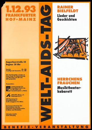 A curtained stage from which a keyboard, an arrow, musical notes, a mouth, an eye and various other symbols emanate; an advertisement for a benefit cabaret performance in support of World AIDS Day on 1 December 1993 at the Frankfurter Hof, Mainz. Colour lithograph, 1993.