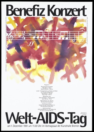A musical score against a background of painted red and yellow crosses; advertising a benefit concert in support of World AIDS Day on 1 December 1991 at the Kunsthalle, Bremen. Colour lithograph by Becker Repro Service.
