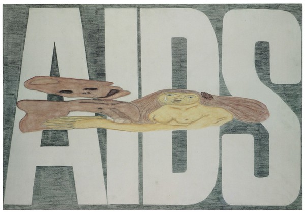 The word 'AIDS', in front of which a naked, weeping woman embraces a skeleton. Colour lithograph.