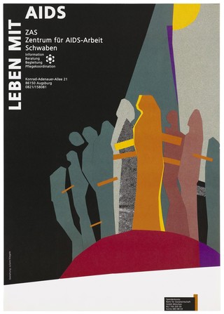 Silhouette figures standing on a red mound joined by intermittent orange and yellow lines representing an advertisement for 'Living with AIDS' by the Zentrum for AIDS-Arbeit, Augsburg. Colour lithograph by Juliane Stiegele.