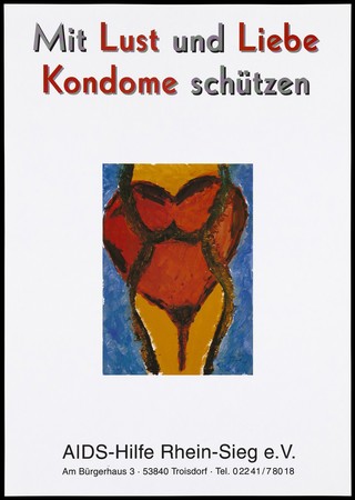 The torso of a woman with a red heart shielding her body; advertising condoms and safe sex by AIDS-Hilfe Rhein-Sieg e.V. Colour lithograph, 199-.