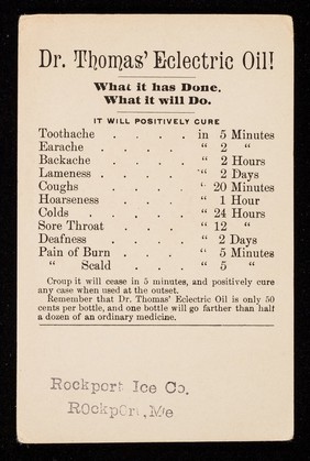 Dr. Thomas' Eclectric Oil : what it has done : what it will do : [the broken jug] / [Foster, Milburn & Co.].