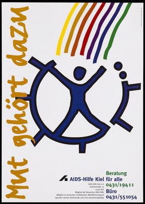 A figure at the centre of a broken wheel entered by multicoloured lines; representing help for AIDS patients in Kiel. Colour lithograph by Behrens und Carow, 199-.