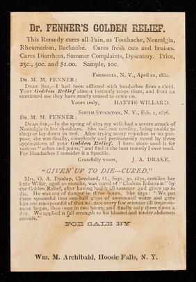 Dr. Fenner's Golden Relief : this remedy cures all pain, as toothache, neuralgia, rheumatism, backache, cures fresh cuts and bruises, cures diarrhoea, summer complaints, dysentery... / M.M. Fenner.