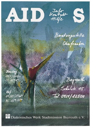 A bare tree-like form against a washed grey background entitled "_Lebensmut [Life] von Silvia Ühla"; an advertisement for the counseling, therapy and advice services provided for those affected by AIDS by the Diakonisches Werk Stadtmission Bayreuth e.V. Colour lithograph.