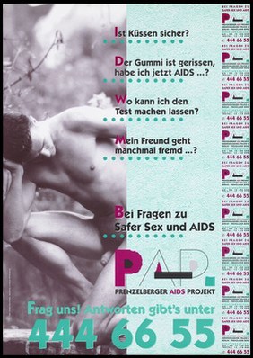 A naked man in the open pondering questions regarding safer sex; an advertisement for the Prenzelberger AIDS Projekt. Colour lithograph by Michael Taubenheim and ComDesign Werbeagentur, 199-.