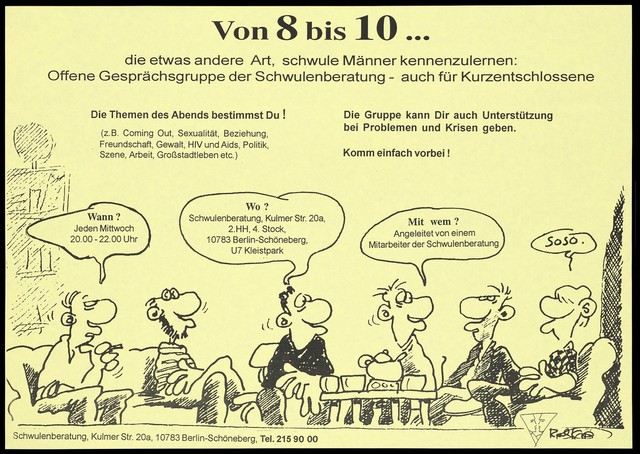 Cartoon gay men sitting chatting on chairs with speech bubbles containing information on Schwulenberatung, an open discussion group and counseling service for gay men. Colour lithograph, 199-.