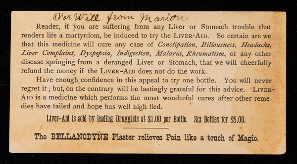 Dr. Grosvenor's Liveraid : cures all diseases of the stomach, liver & blood : small doses, prompt effect.