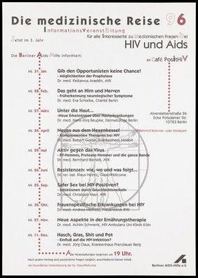 Leonardo da Vinci's Vitruvian Man forms the backdrop to a list of dates for the 1996 'Medical journey' meetings about HIV and AIDS issues held at the Café PositHIV in Berlin by the Berliner AIDS-Hilfe. Colour lithograph.