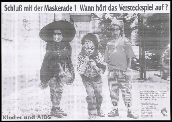 Three children standing in a street wearing the costumes of a witch, a lion and a pirate; an advertisement about the AIDS Forum Berlin e.V. supporting children and their families affected by AIDS and HIV. Photocopy.