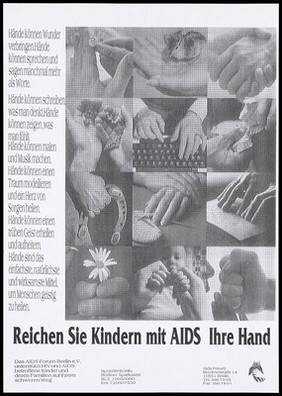 Hands engaged in different activities from top left, holding a ring to bottom right, clenching a fist; an advertisement about the benefit of helping children with AIDS. Photocopy.