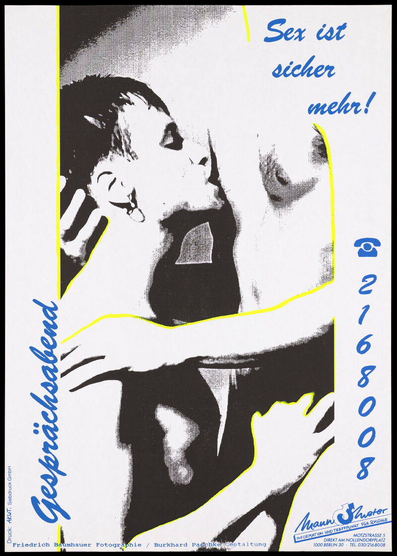 A man with an earring kissing the nipple of another man standing;  advertising safe sex services provided by Mannometer, the helpline for gay  men in Germany to prevent AIDS. Colour lithograph by