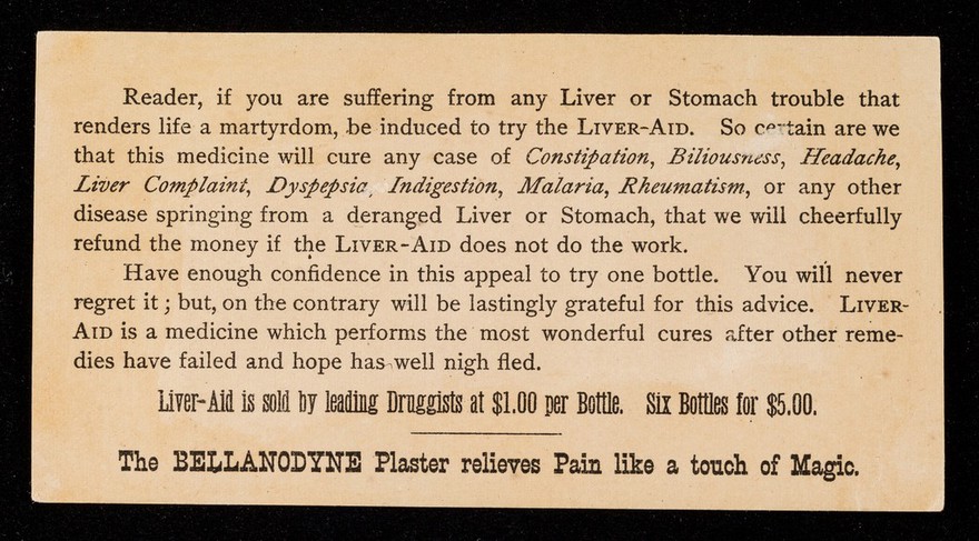 Dr. Grosvenor's Liveraid : ensures appetite & digestion : small doses, prompt effect.