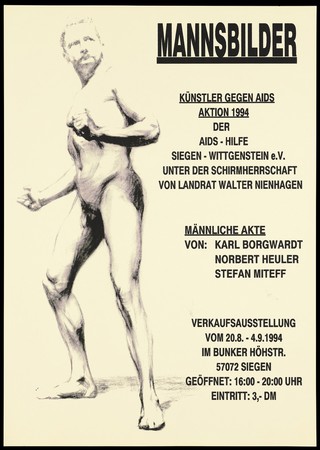 A naked man standing as if preparing to pull back; a drawing from an exhibition and auction in Siegen entitled: "Artists against AIDS" organized by AIDS-Hilfe Siegen Wittgenstein. Lithograph, 1994.