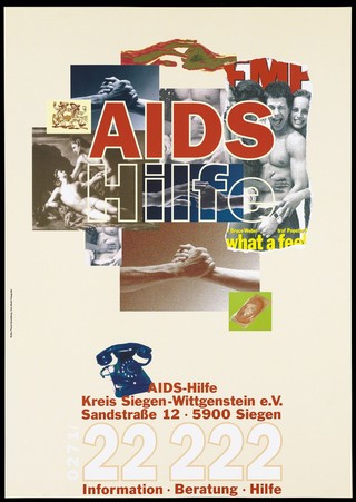 A collage: joining hands, gay men and sex, advertising the helpline of the AIDS-Hilfe Kreis Siegen-Wittgenstein e.V. Colour lithograph by Uwe Boek and Detlev Pusch, 199-.