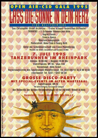 The sun wearing a headband with a star, against a backdrop of hearts; advertising a Christopher Street Day Gala in Cologne on 7 July 1995. Colour lithograph by Gerhard Malcherek, 1995.