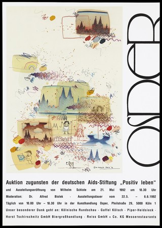 Watercolours by W. Schlote of figures and of Cologne Cathedral; advertising an art exhibition and auction in aid of the German AIDS Foundation "Positiv Leben" in Cologne in May-June 1992. Colour lithograph, 1992.