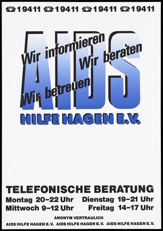 The words 'AIDS Hilfe Hagen e.V.' with the telephone number of the helpline repeated along the top. Colour lithograph.
