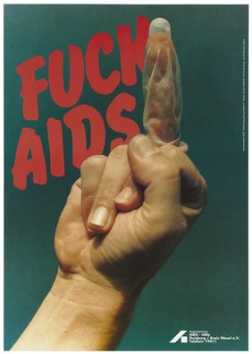 A hand with the index finger pointing up wearing a condom; advertising the AIDS-Hilfe Duisberg/Kreis Wesel e.V. Colour lithograph by Dimitra Tselebidis, GH-Uni Duisberg.