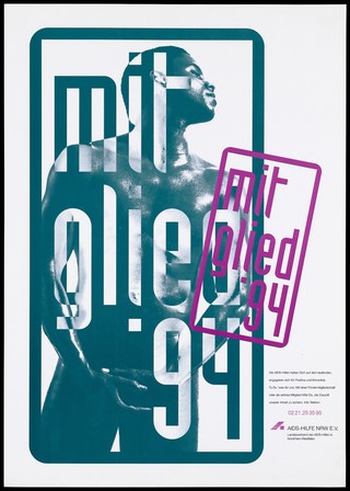 A naked black man with his head pointing right holding his hands in his groin area, advertising membership of AIDS-Hilfe NRW e.V. Colour lithograph, 1994.