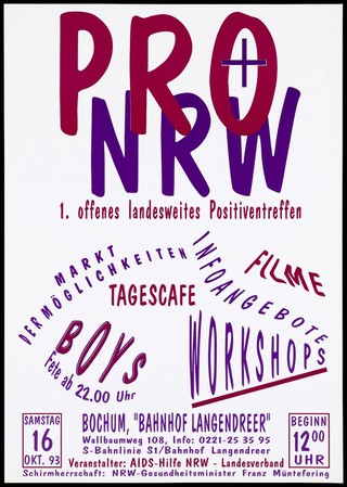 The words "Pro + NRW" at the top and services offered at a meeting on October 16 1993 organized by the AIDS-Hilfe NRW. Colour lithograph, 1993.
