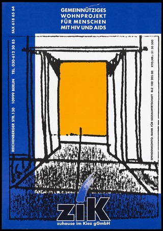 A yellow square receding within boxes of black lines against a blue background; advertising ZIK, Zuhause im Kiez gGmbH, an organisation which helps to house people with HIV, AIDS or chronic hepatitis C. Colour lithograph.