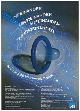 A blue condom amidst white swirling lines against a grey background; advertising an AIDS prevention action week in Munich. Colour lithograph by Karl Bessinger and Grafix MUC, 1994.