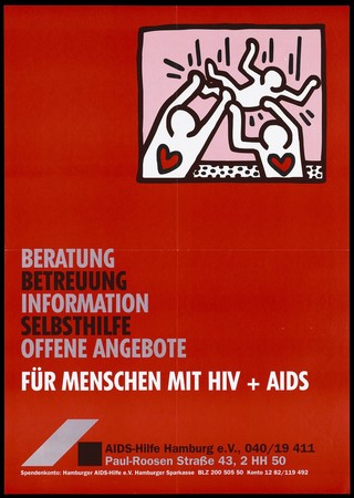 Two silhouette figures by Keith Haring with red hearts holding another figure aloft; advertising services provided by the AIDS-Hilfe Hamburg e.V. Colour lithograph, 199-.